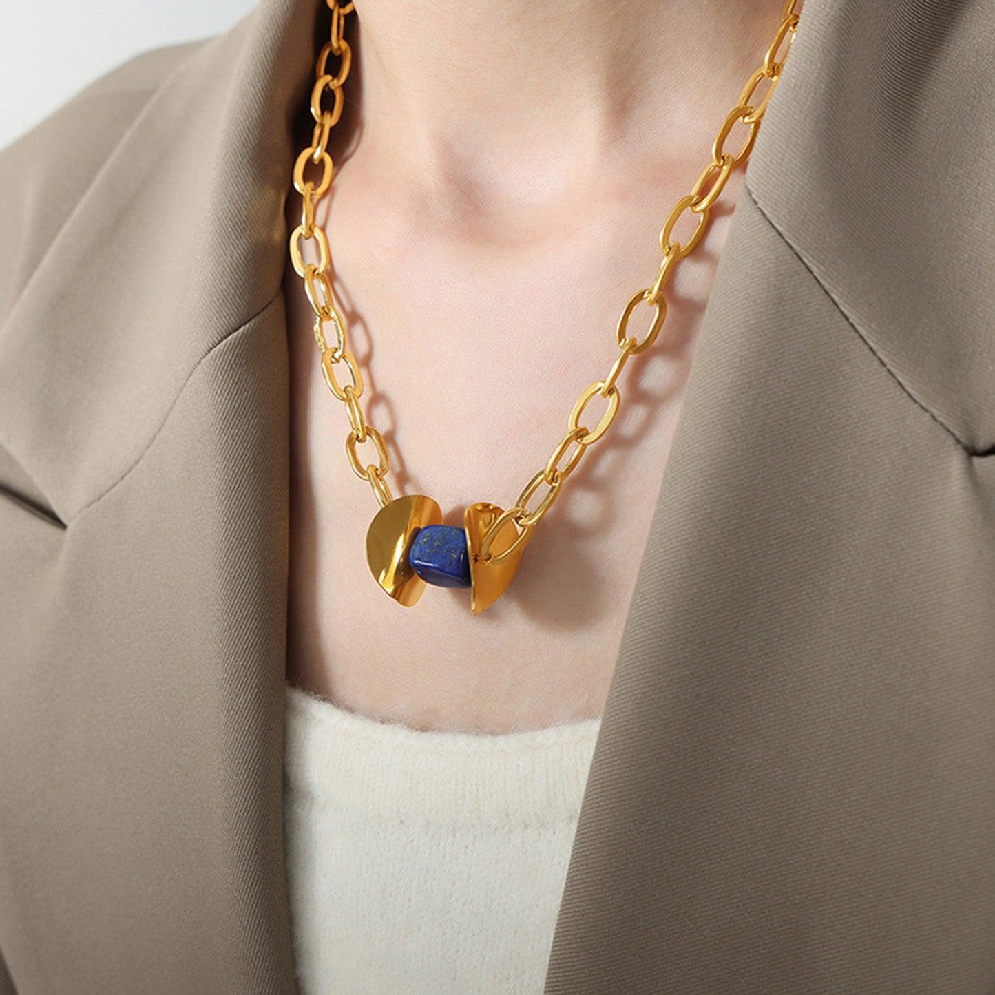 Natural Stone Pendant Titanium Steel Necklace Dark Blue One Size