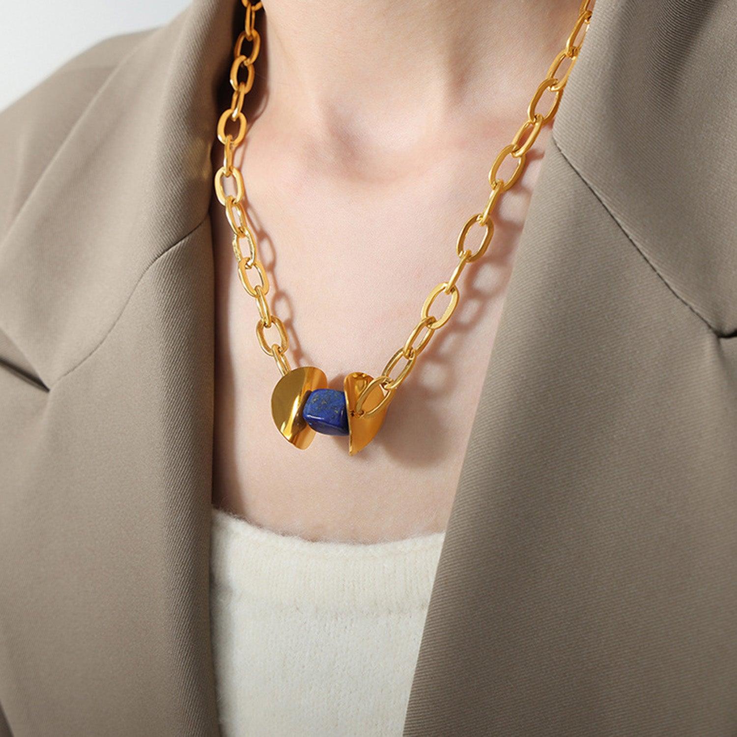 Natural Stone Pendant Titanium Steel Necklace Dark Blue One Size