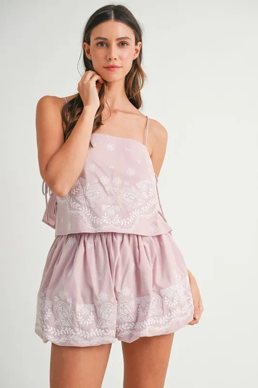 MABLE Embroidered Crop Cami and Balloon Mini Skirt Set