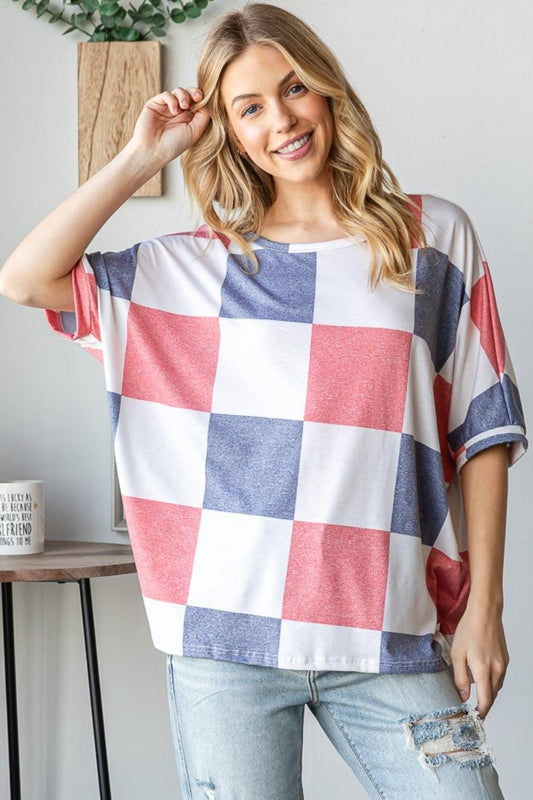 HOPELY Checkered Round Neck Half Sleeve T-Shirt Blue Red White