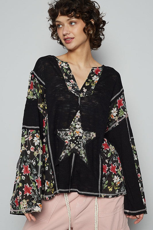POL Floral Stud Detail Star Patch Notched Long Sleeve T-Shirt Black