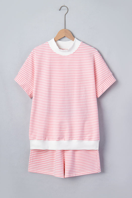 Stripe Contrast Mock Neck Tee & Shorts Set