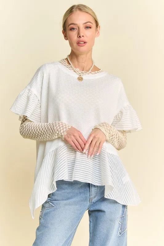Davi & Dani Waffle Knit Bodice Ruffle Bottom Detail Top White