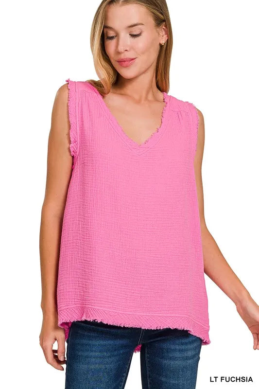 Zenana Double Gauze Raw Edge V-Neck Tank LT FUCHSIA