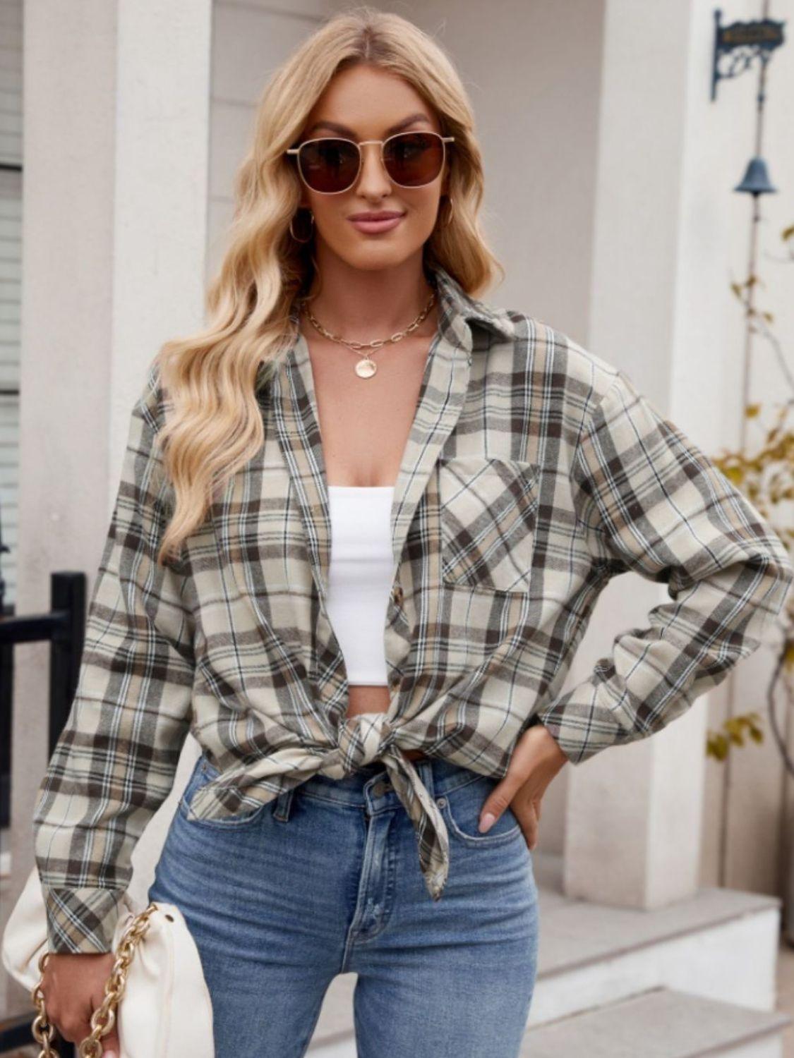 Mandy Pocketed Plaid Collared Neck Long Sleeve Shirt Khaki