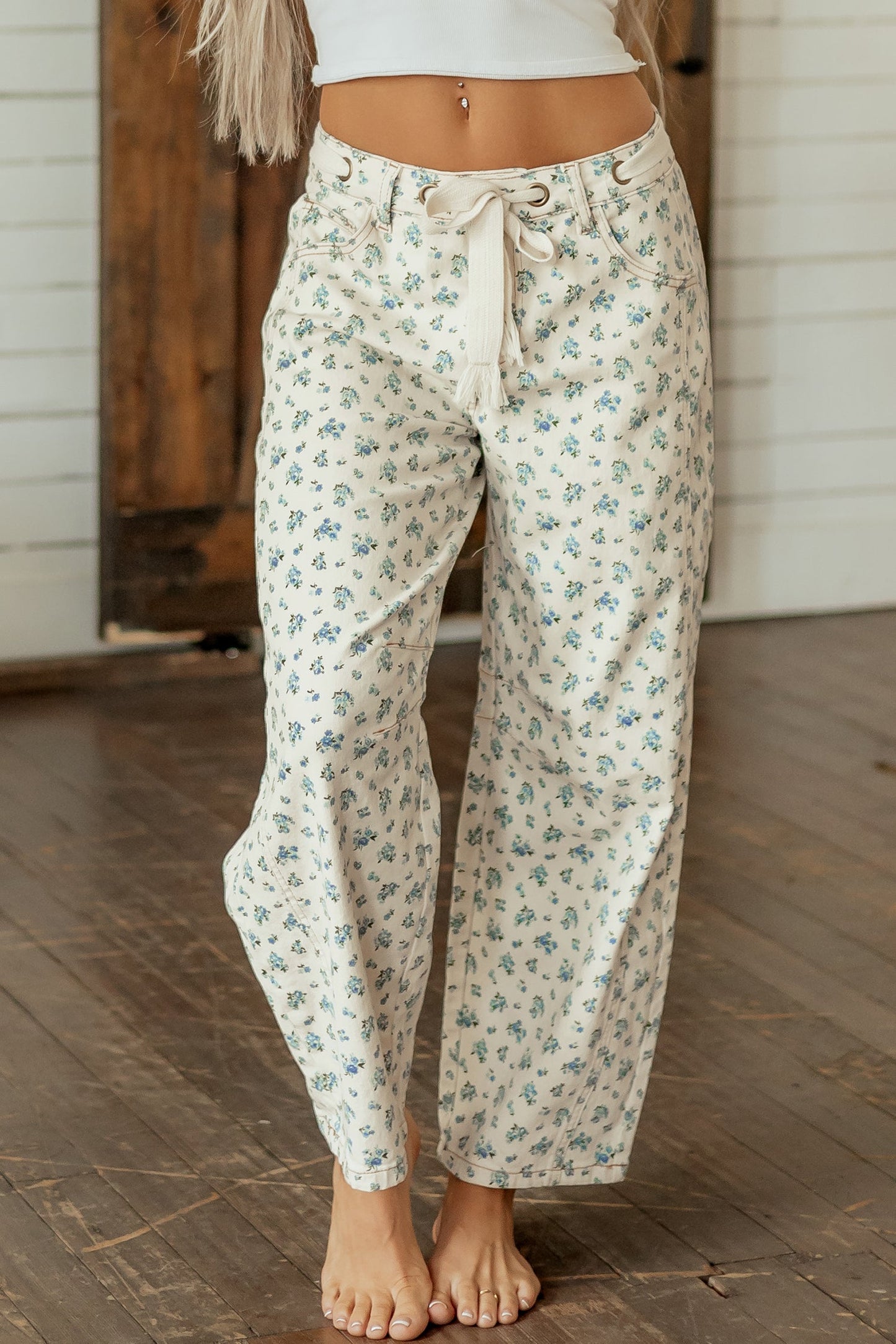 Floral Grommet Knot Waist Barrel Leg Jeans