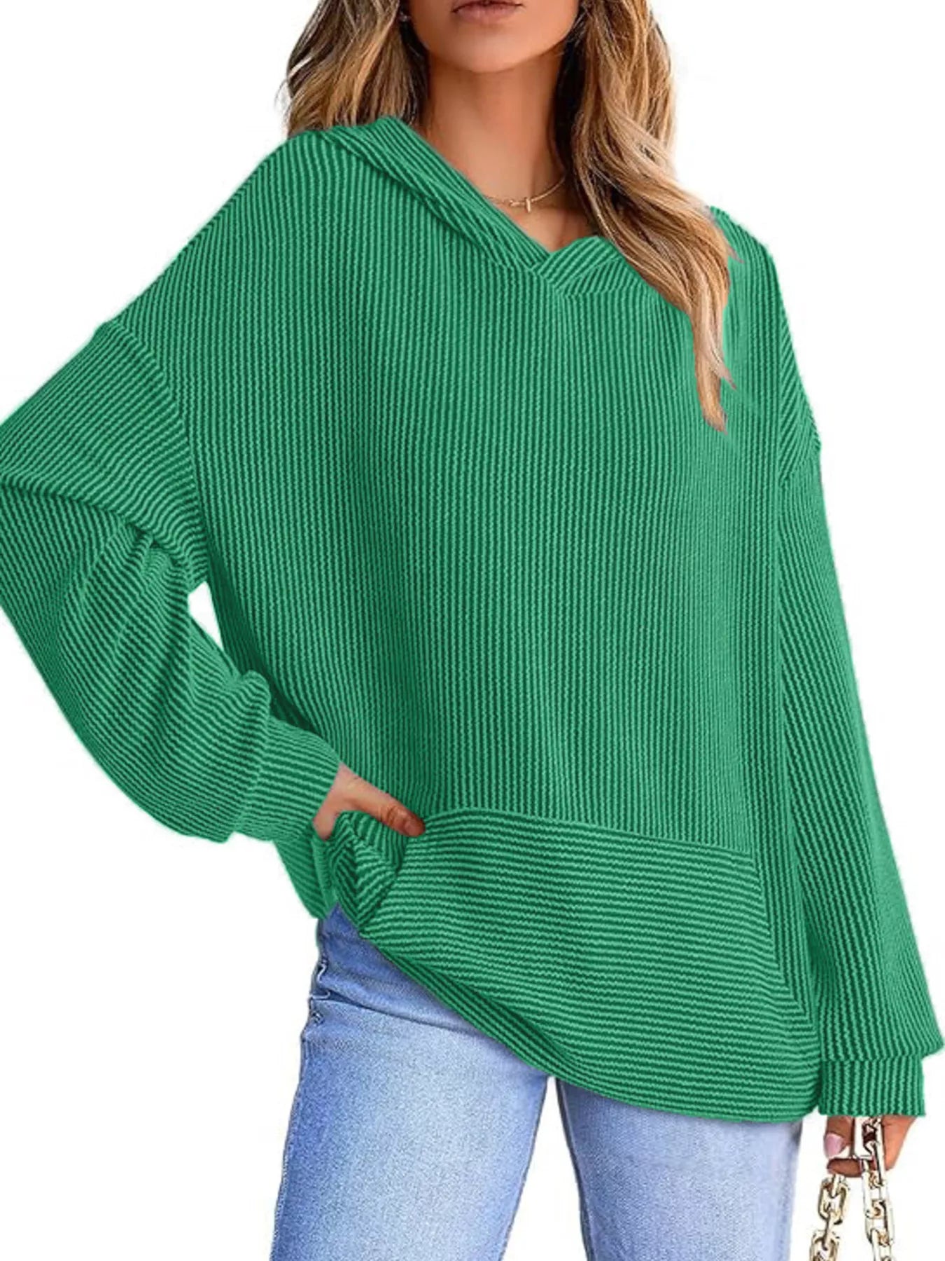 Ribbed Oversized Hoodie Sweatshirt with Pocket