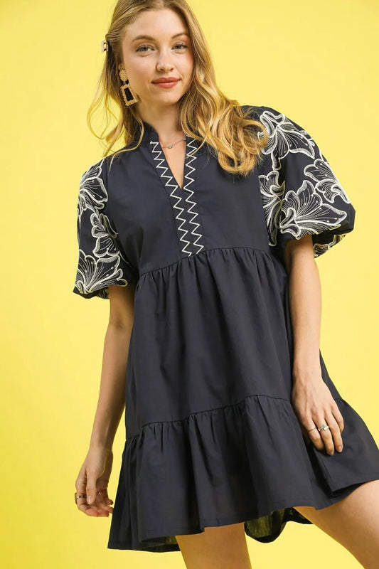 Umgee Tiered Embroidered Puff Sleeve Mini Dress Dark Gray