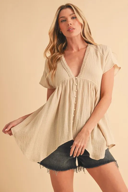 Aemi + Co Tuck Detail V-Neck Short Sleeve Blouse Oatmeal