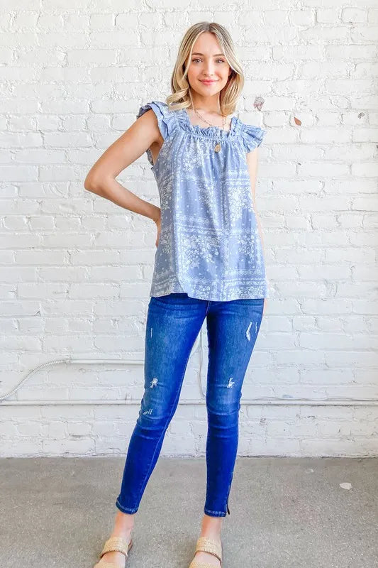 And The Why Boho Print Rayon Linen Ruffle Baby Doll Tank Top BLUE