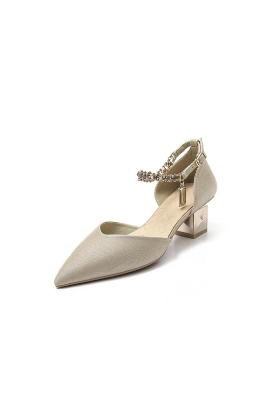 Point Toe Block Heel Pumps Beige