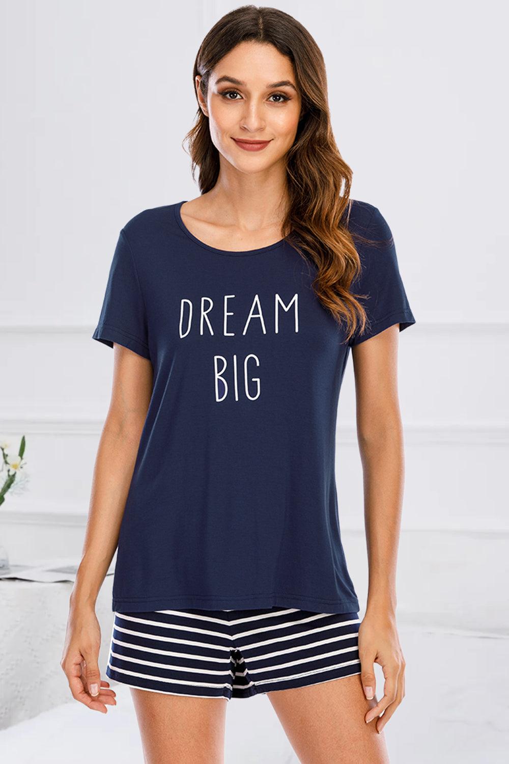 Graphic Round Neck Top and Striped Shorts Lounge Set Dark Blue