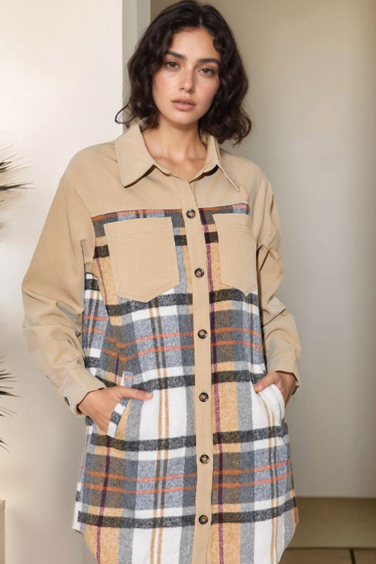 Pocketed Plaid Long Sleeve Mini Shirt Dress Khaki