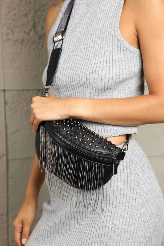 PU Leather Studded Sling Bag with Fringes Black One Size