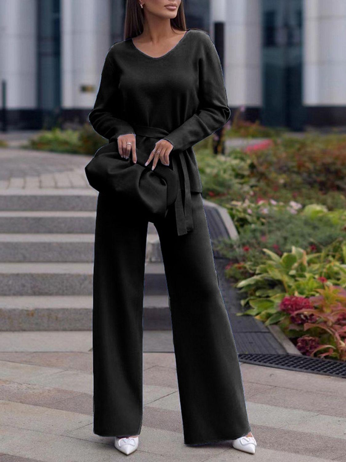 V-Neck Long Sleeve Top and Drawstring Pants Sweater Set Black One Size