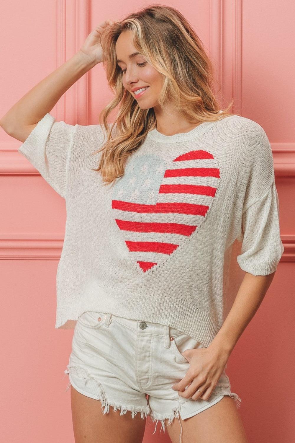 BiBi Striped Heart Contrast Knit Top Off White