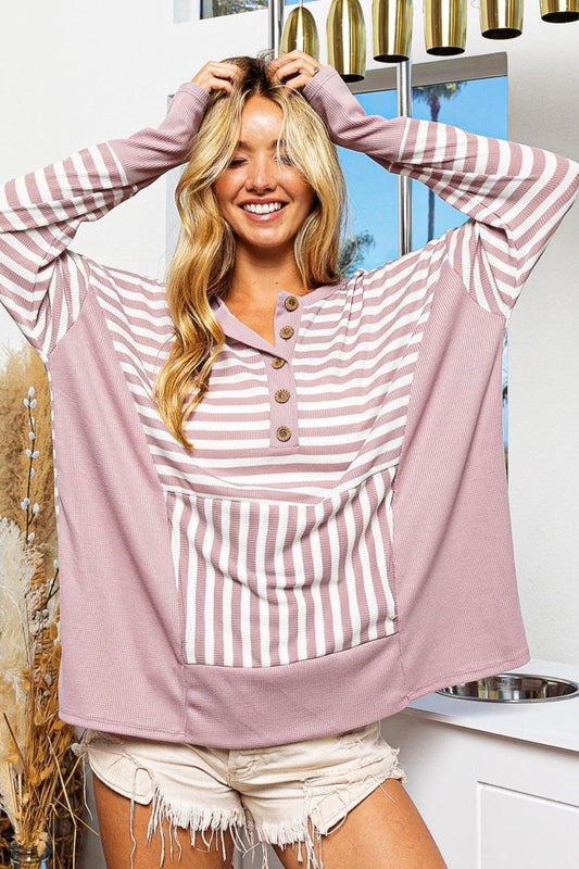 BiBi Striped Thumbhole Long Sleeve Top Mauve