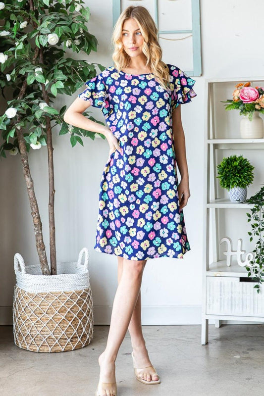 Heimish Full Size Floral Ruffled Short Sleeve Dress with Pockets Navy