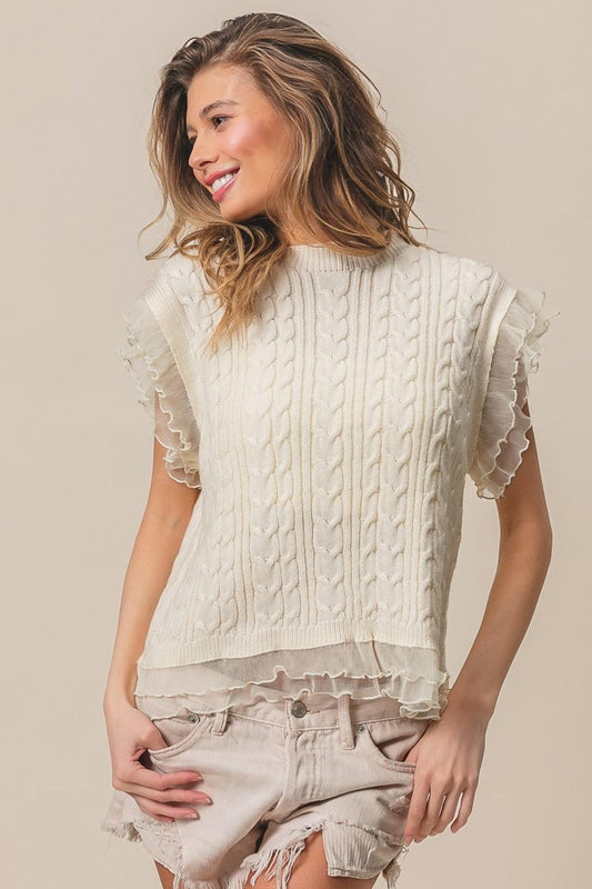 BiBi Layered Pleat Chiffon Edge Cable Knit Top Cream
