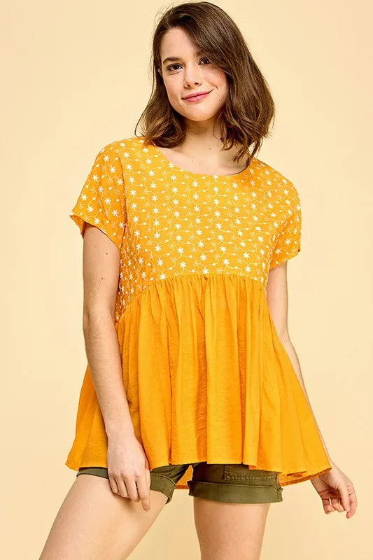 Lime 'N' Chili Embroidered Short Sleeve Pleated Babydoll Top ORANGE