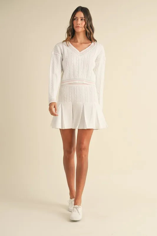 MABLE V-Neck Varsity Crop Knit Sweater and Skirt Set