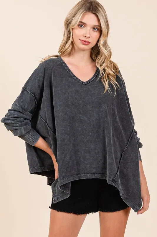 Mittoshop Mineral Wash V-Neck Long Sleeve Oversized Top Black
