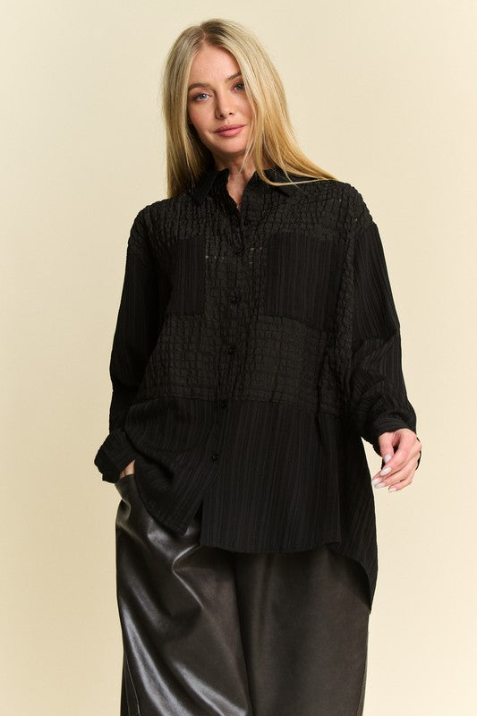 Davi & Dani Crinkled Jacquard Button Down Shirt Black