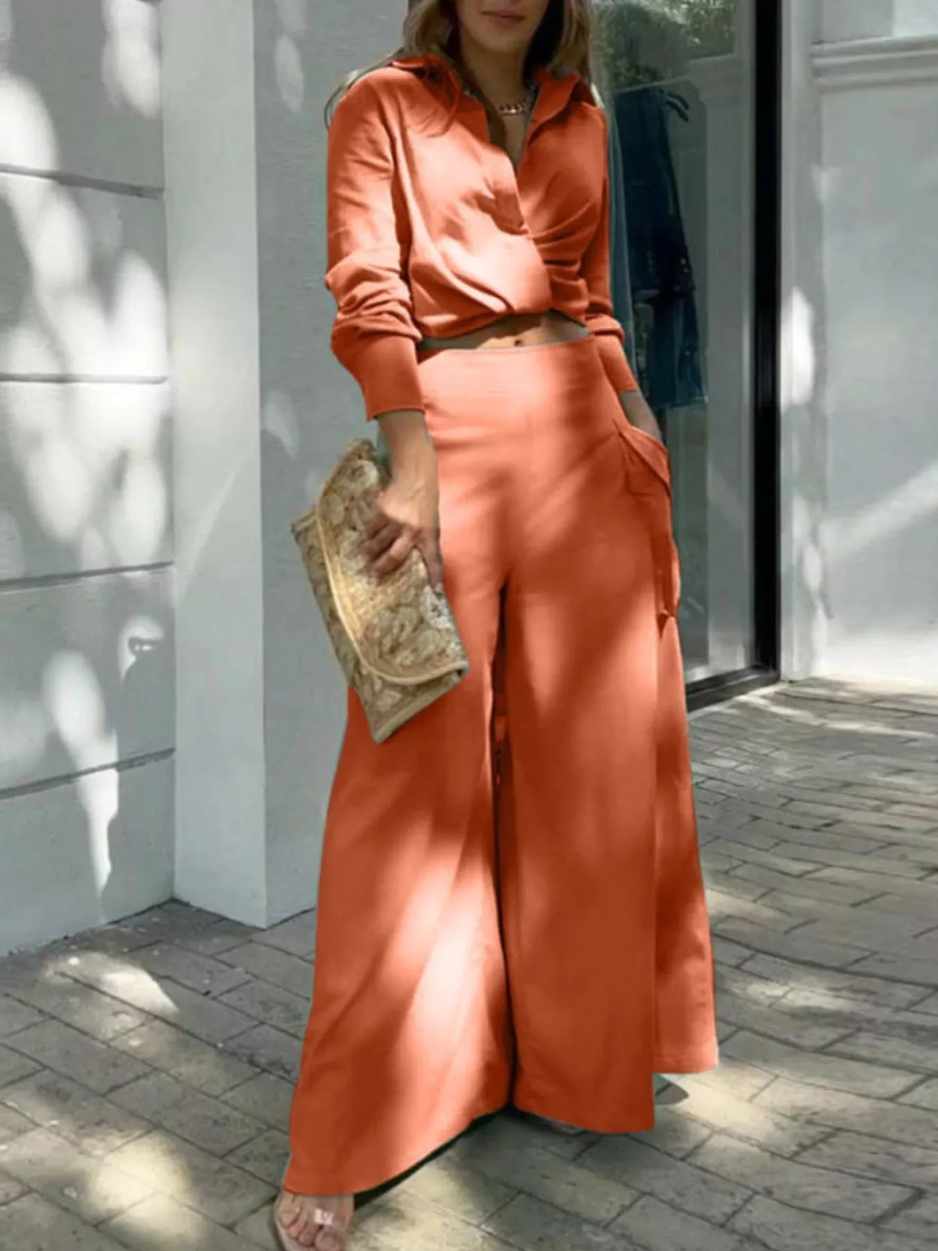 Long Sleeve Shirt and Wide Leg Pants Set