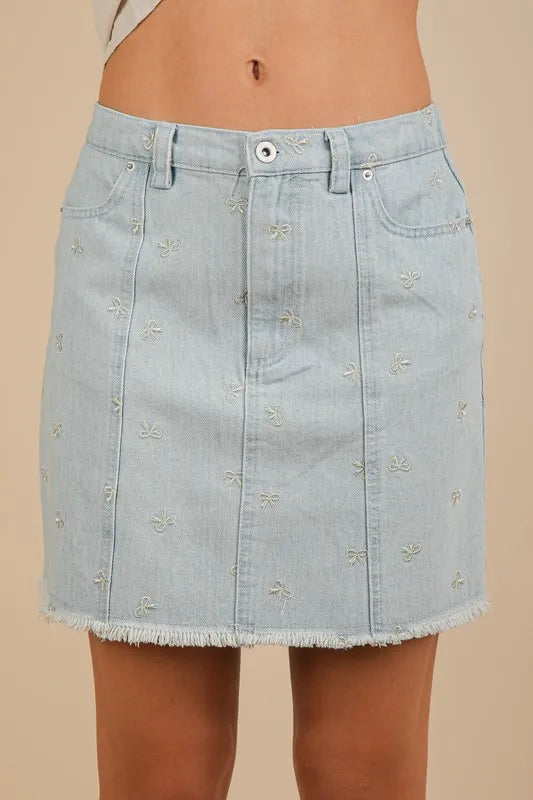 VERY J Bow Printed Casual Denim Mini Skirt Lt Indigo