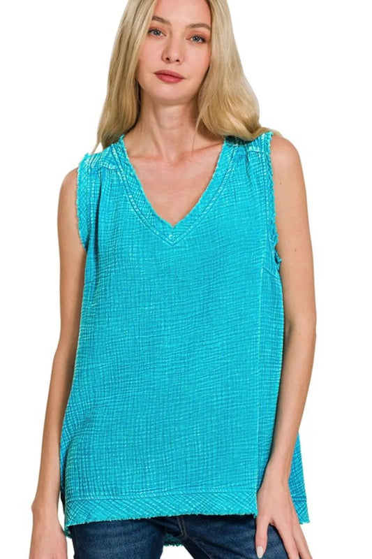 Zenana Double Gauze Raw Edge Acid Washed Tank LT TEAL