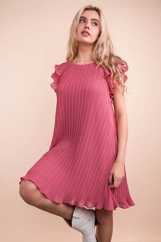 VERY J Plus Size Ruffle Sleeve Pleated Woven Mini Dress