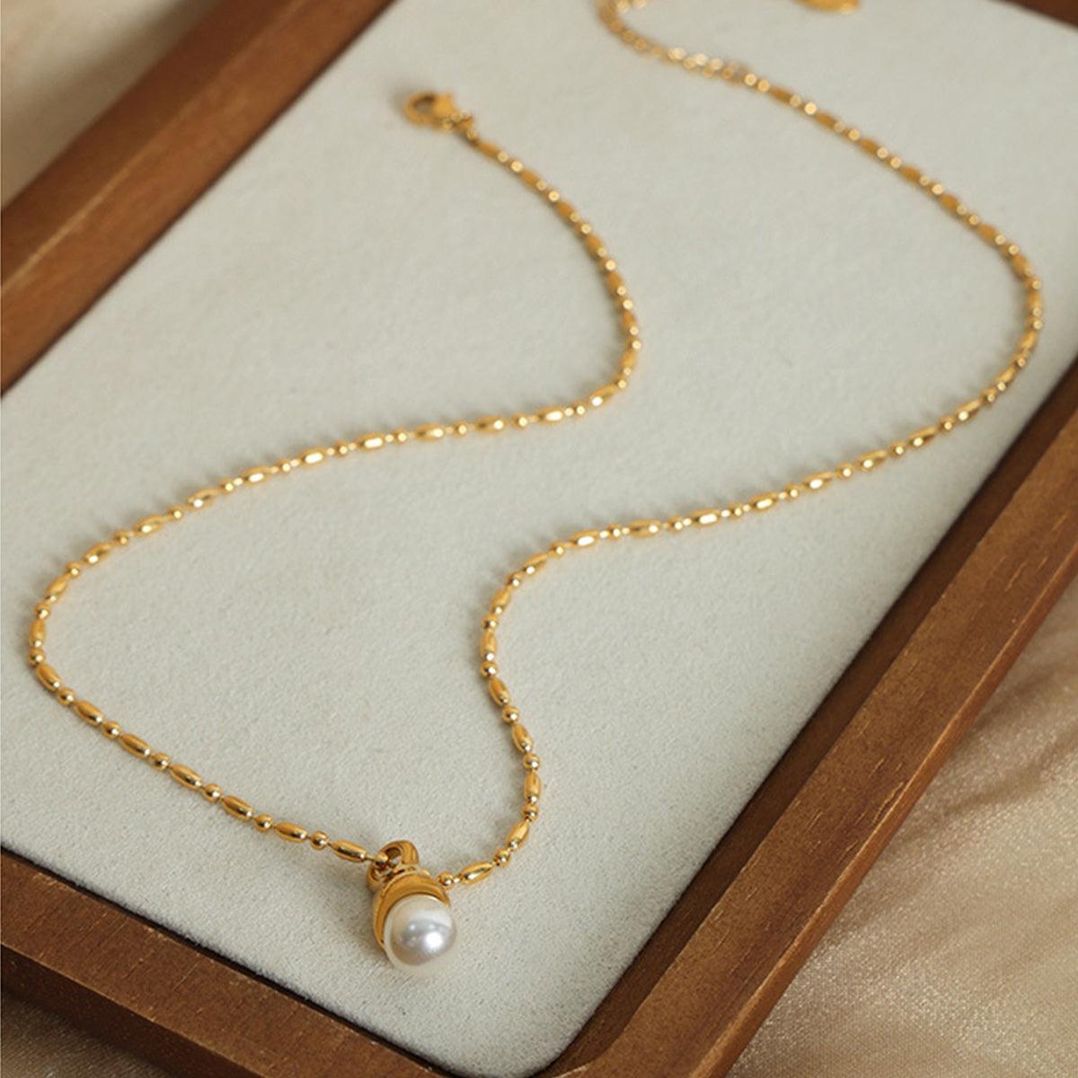 Titanium Steel Pearl Pendant Necklace Gold One Size