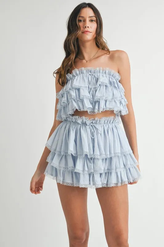 MABLE Ruffle Layered Crop Top and Mini Skirt Set Lt Blue
