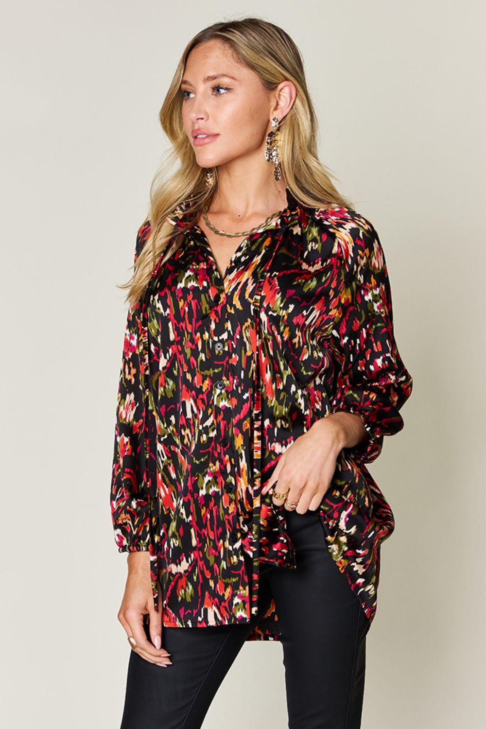 Double Take Full Size Printed Button Up Long Sleeve Shirt Black
