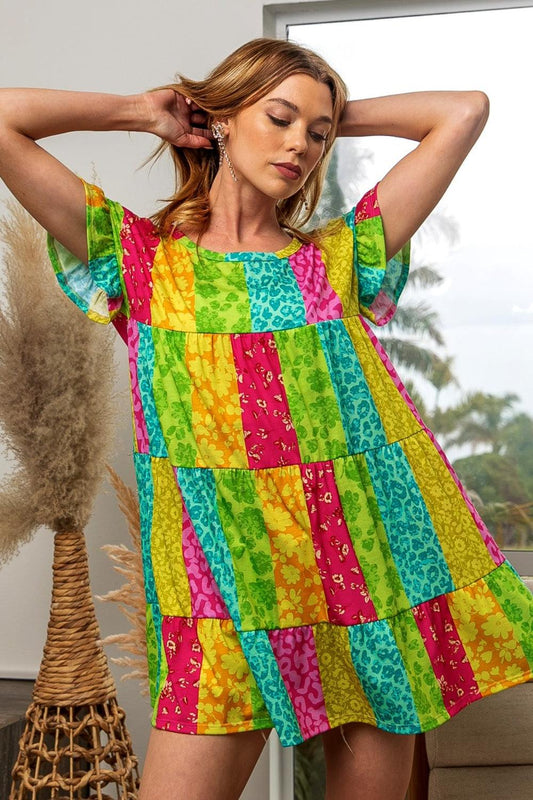 BiBi Leopard Short Sleeve Tiered Dress Fuchsia Neon Green
