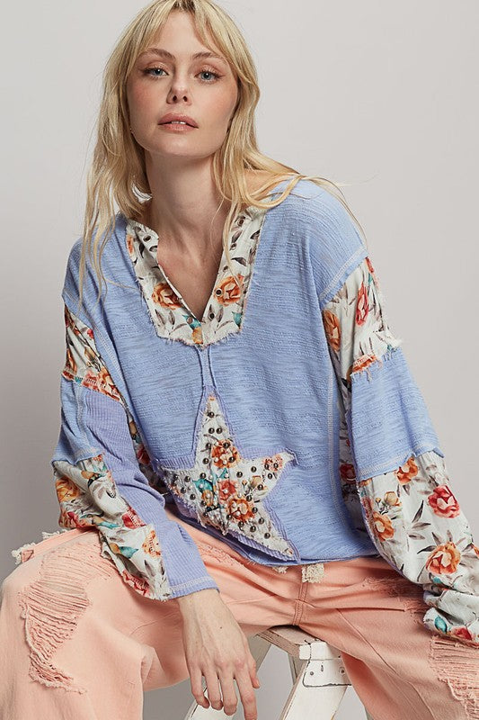 POL Floral Stud Detail Star Patch Notched Long Sleeve T-Shirt Light Blue