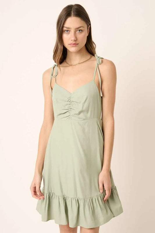 Mittoshop Ruched Detail Spaghetti Tie Mini Dress SAGE