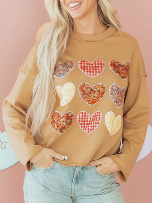 Plaid Floral Heart Stitched Exposed Seam Mineral Wash Sweatshirt