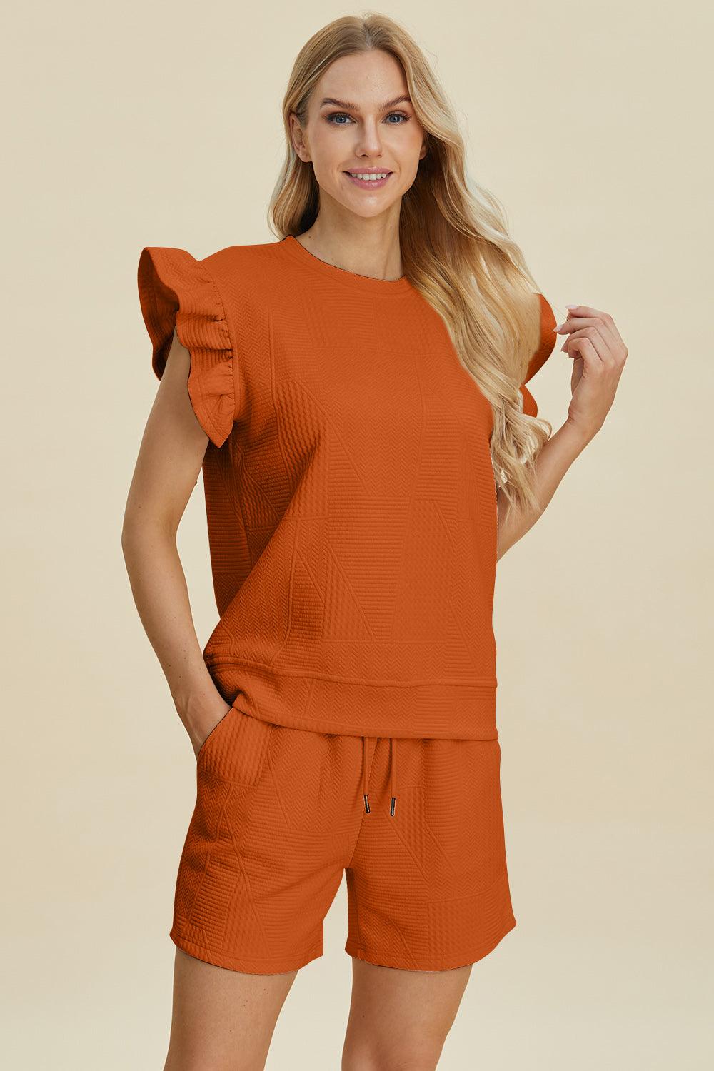 Double Take Full Size Texture Round Neck Ruffle Sleeve Top and Shorts Set Tangerine