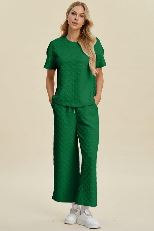 Double Take Full Size Texture Round Neck Short Sleeve Top and Pants Set Dark Green