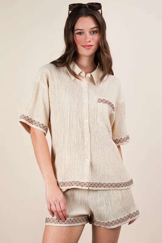 VERY J Crinkled Woven Shirt Top & Shorts Set