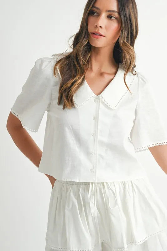 MABLE Collared Button Down Crop Top and Skort Set
