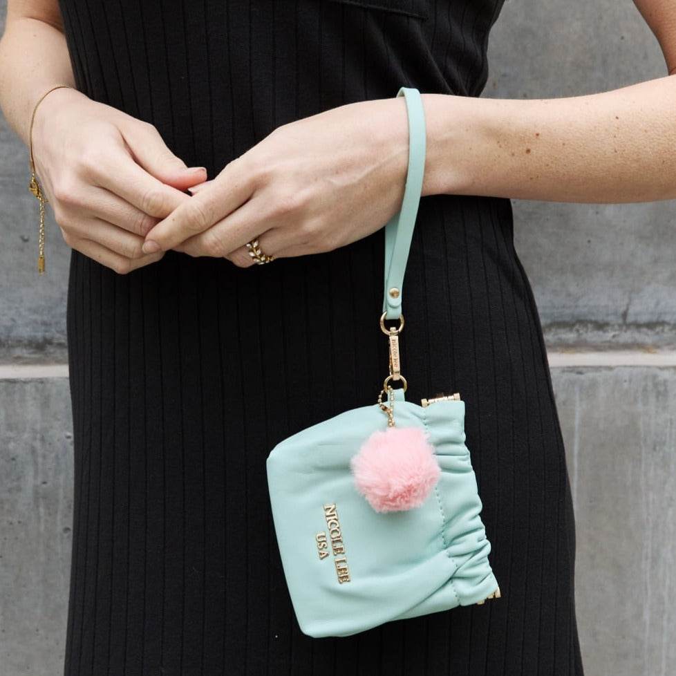 Faux Leather Women Pouch with Pompom Keychain - Nicole Lee USA