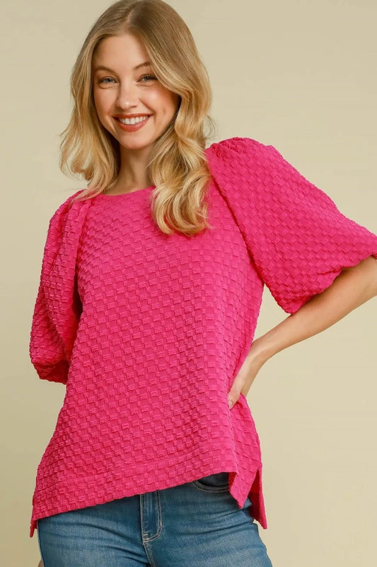 Umgee Full Size Boxy Cut Jacquard Round Neck Top with Side Slit Plus Size Hot Pink