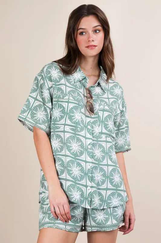 VERY J Tropical Printed Shirt Top and Shorts Set