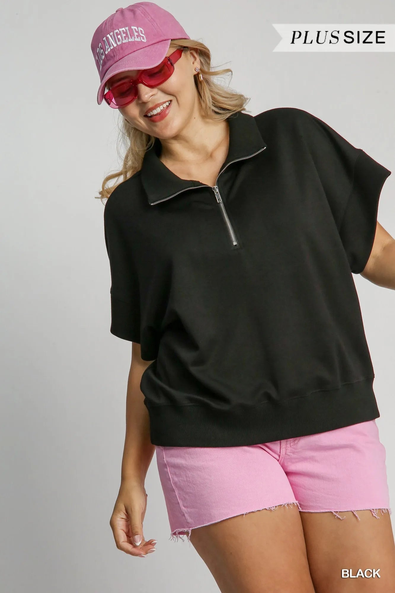 Umgee Full Size Half-Zip Short Sleeve Top Plus Size