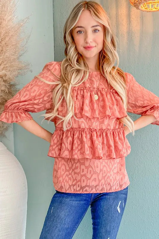 And The Why Leopard Tiered Ruffle Blouse Top