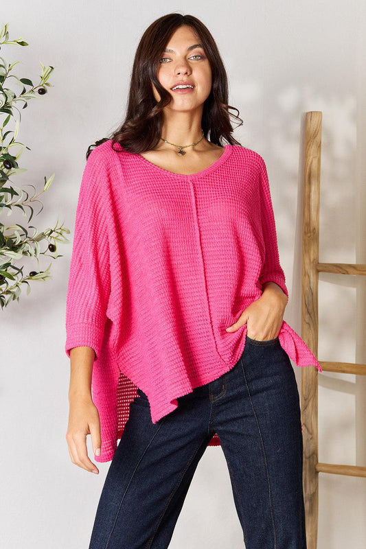 Zenana Full Size Round Neck High-Low Slit Knit Top Fuchsia