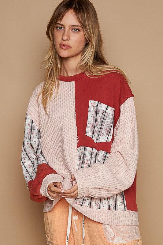 POL Exposed Seam Floral Patch Color Block Round Neck Sweatshirt Apple Red Multicolor
