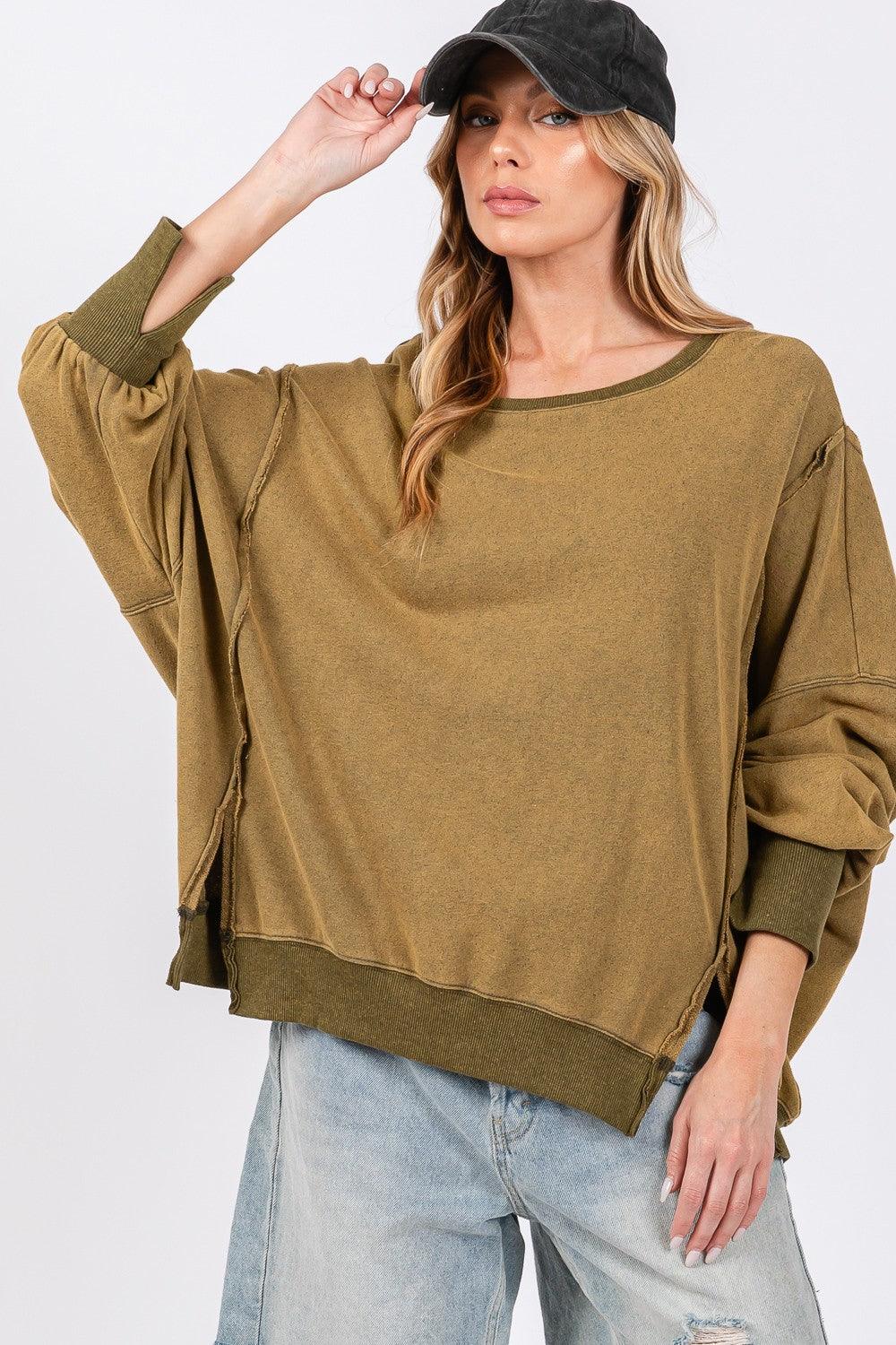 SAGE + FIG Mineral Wash Side Slit Oversized Sweatshirt Olive